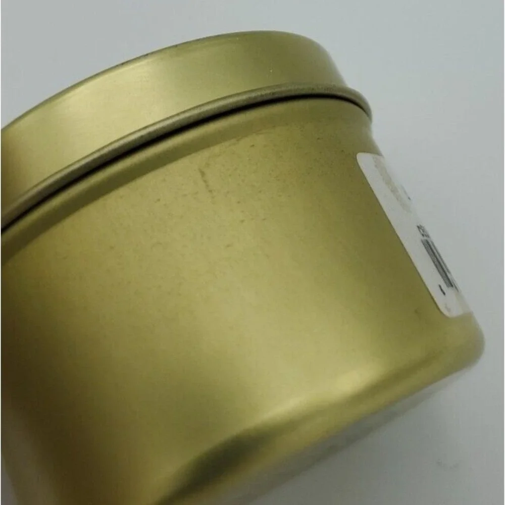Paddywax Cedarwood and Teak White 2 oz Candle Gold Metal Tin Scratched Triangle‎